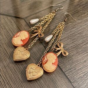 Vintage Long Dangle Heart Locket, Cameo & Bow Earrings